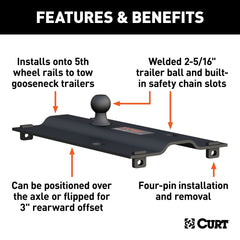 CURT 16055 Bent Plate 5th Wheel Rail Gooseneck Hitch with 2-5/16 Ball, 25K (3 Offset)