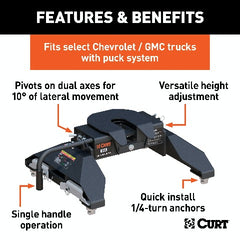 CURT 16061 E16 5th Wheel Hitch, Select Silverado, Sierra 2500, 3500 HD, 8' Bed Puck System