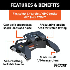 CURT 16063 A16 5th Wheel Hitch, Select Silverado, Sierra 2500, 3500 HD, 8' Bed Puck System