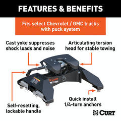 CURT 16066 A25 5th Wheel Hitch, Select Silverado, Sierra 2500, 3500 HD, 8' Bed Puck System