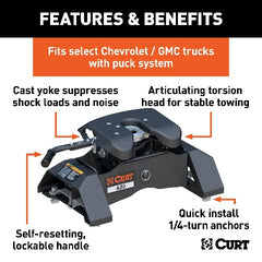 CURT 16092 A20 5th Wheel Hitch, Select Silverado, Sierra 2500, 3500 HD, 8' Bed Puck System