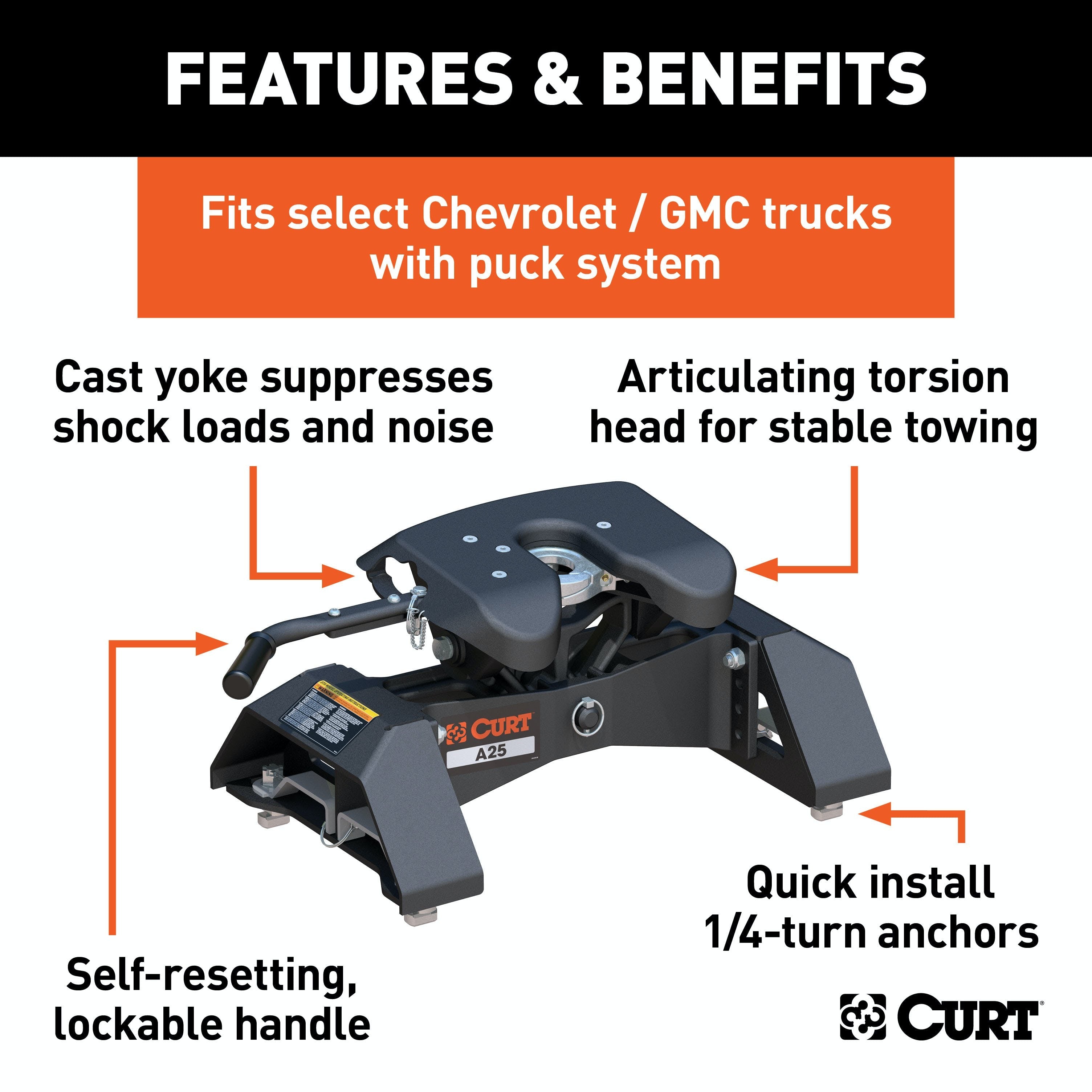 CURT 16093 A25 5th Wheel Hitch, Select Silverado, Sierra 2500, 3500 HD, 8' Bed Puck System