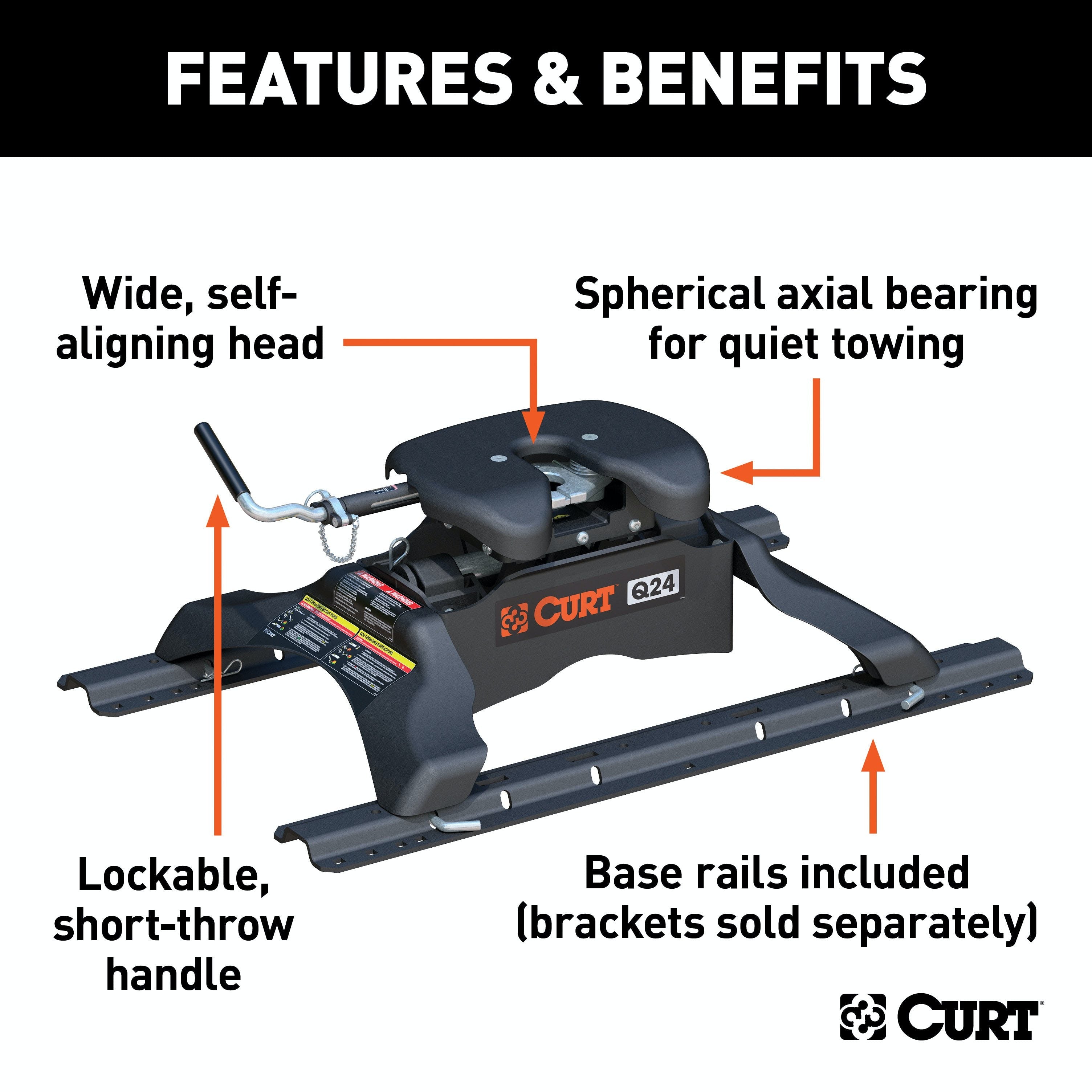 CURT 16246 Q24 5th Wheel Hitch with Base Rails, 24,000 lbs