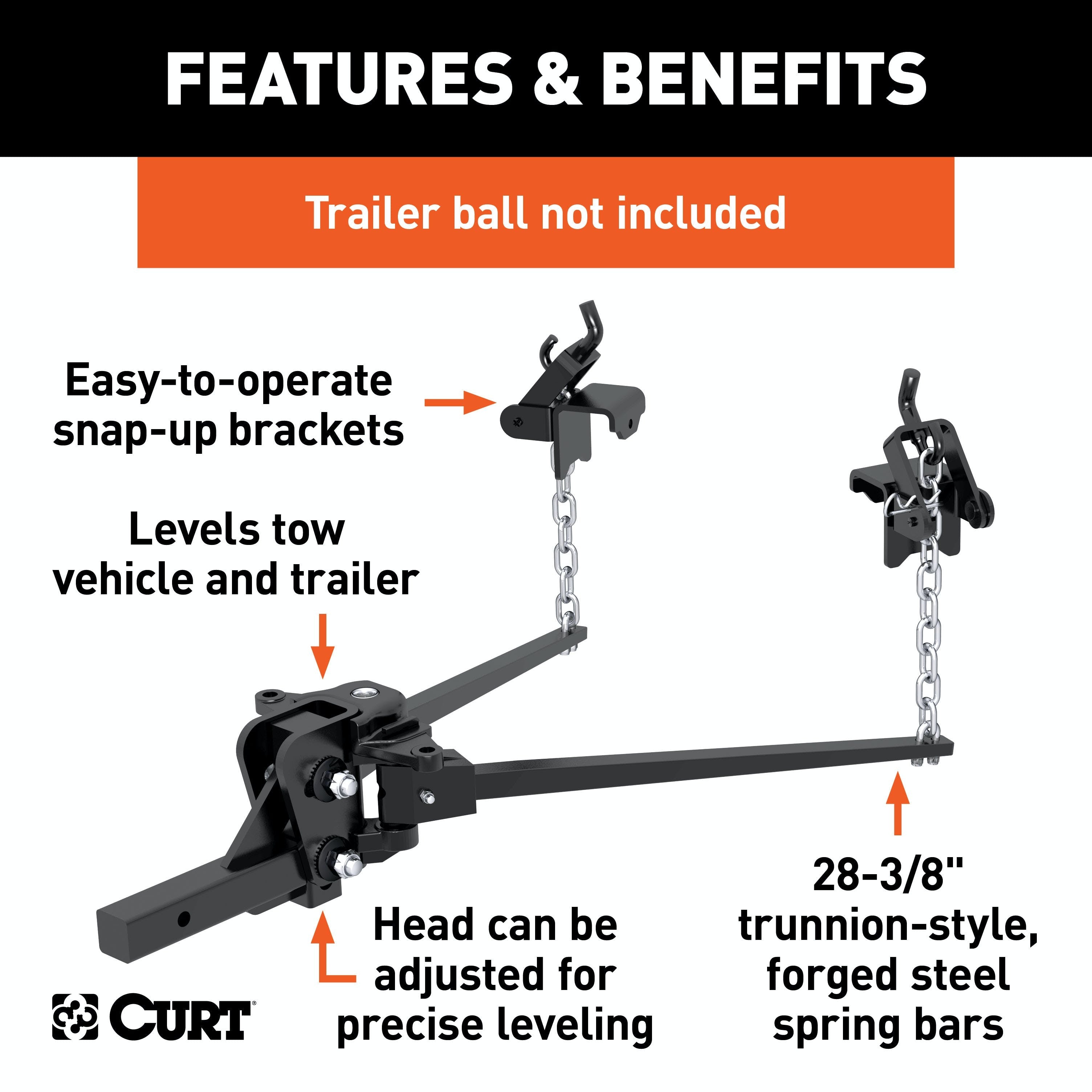 CURT 17333 Short Trunnion Bar Weight Distribution Hitch (10K - 15K lbs., 28-3/8 Bars)