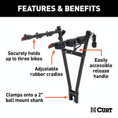 CURT 18013 Clamp-On Bike Rack (3 Bikes, Fits Over 2 Shank)