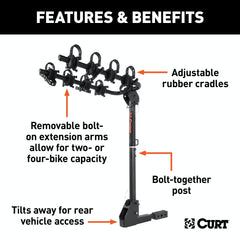 CURT 18030 Extendable Hitch-Mounted Bike Rack (2 or 4 Bikes, 1-1/4 or 2 Shank)