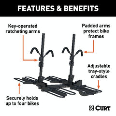 CURT 18087 Tray-Style Hitch-Mounted Bike Rack (4 Bikes, 2 Shank)