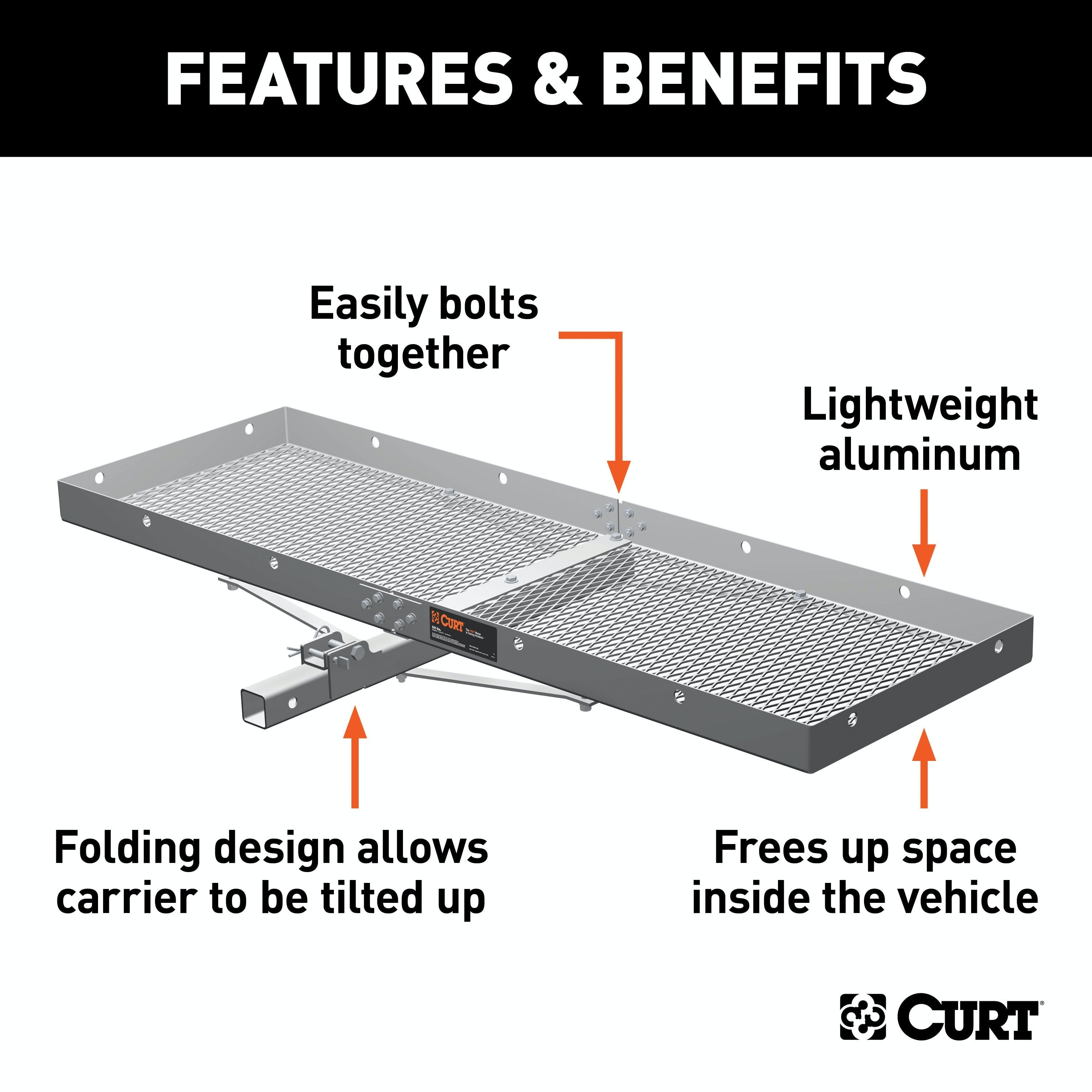 CURT 18100 60 x 20 Aluminum Tray-Style Cargo Carrier (Folding 2 Shank, 500 lbs.)