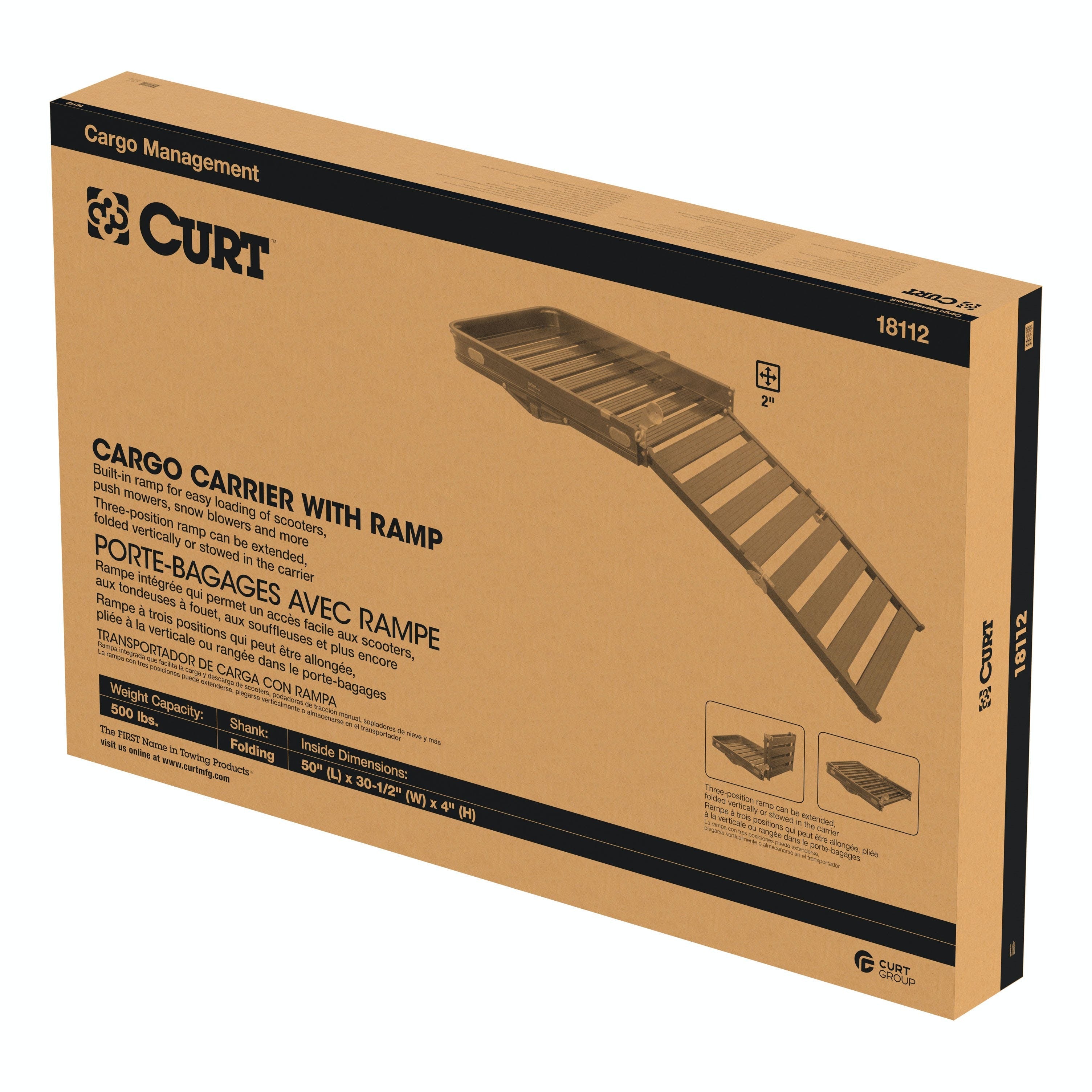 CURT 18112 50 x 30 Black Aluminum Hitch Cargo Carrier with Ramp (Folding 2 Shank)