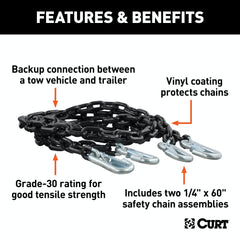 CURT 19749 65 Safety Chains with 2 Snap Hooks Each (5,000 lbs, Vinyl-Coated, 2-Pack)