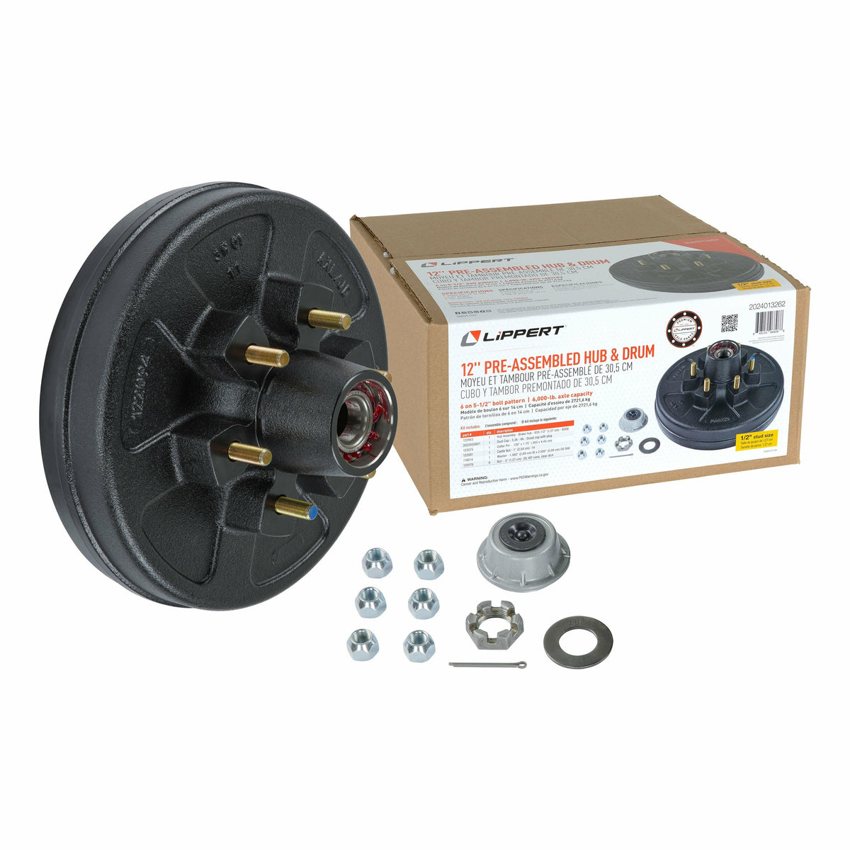 CURT 2024013262 12" Brake Drum Hub Kit with Installed Bearings - 6 on 5-1/2", 1/2" Studs, 6,000-lb. Axles