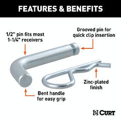 CURT 21403 1/2 Hitch Pin with Groove (1-1/4 Receiver, Zinc)