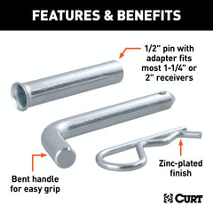 CURT 21502 1/2 Hitch Pin with 5/8 Adapter (1-1/4 or 2 Receiver, Zinc, Packaged)