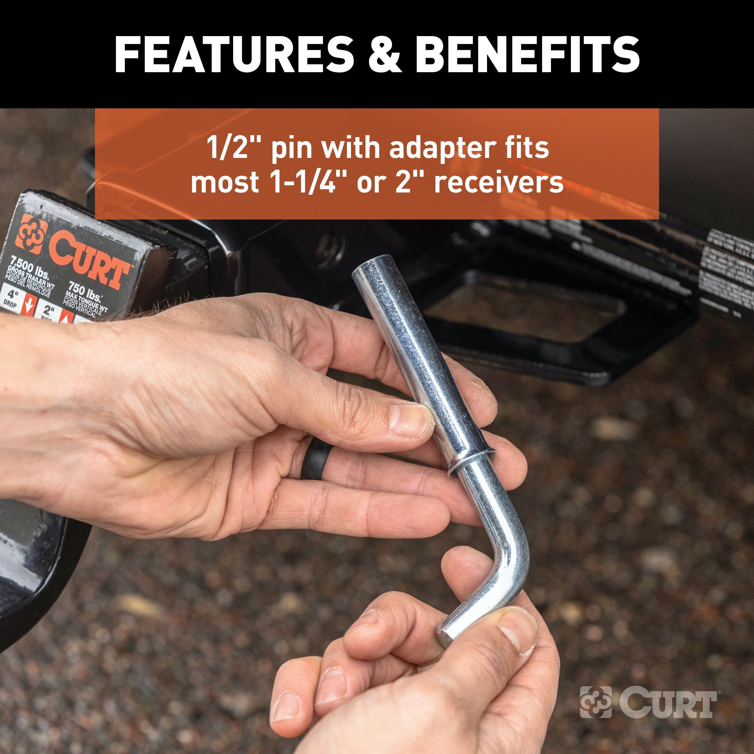 CURT 21502 1/2 Hitch Pin with 5/8 Adapter (1-1/4 or 2 Receiver, Zinc, Packaged)