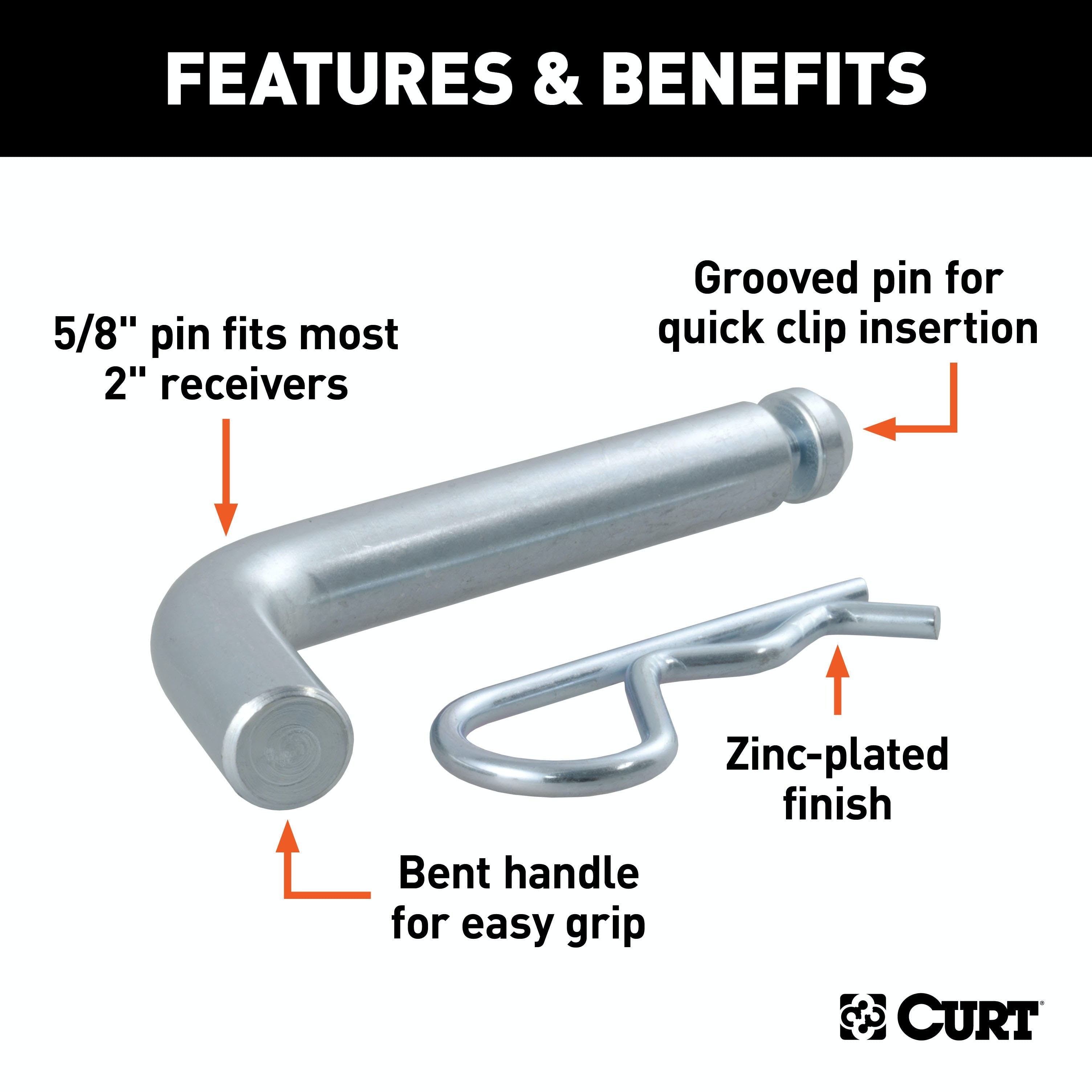 CURT 21504 5/8 Hitch Pin with Groove (2 Receiver, Zinc)