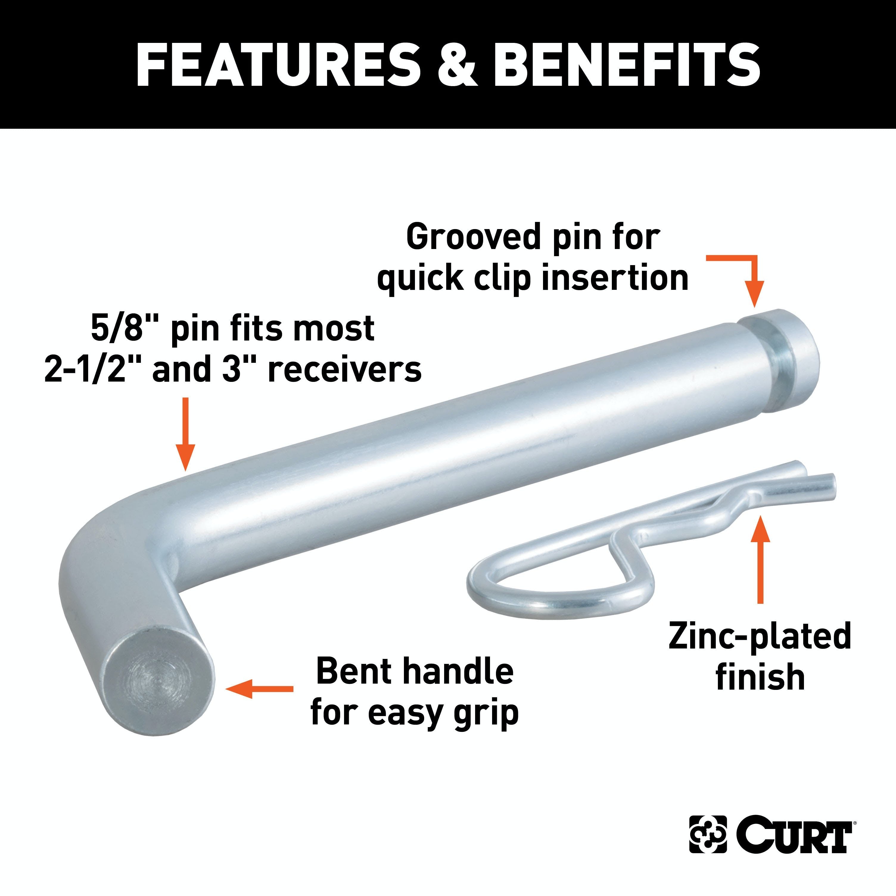 CURT 21506 Heavy-Duty 5/8 Hitch Pin with Groove (2-1/2 or 3 Receiver, Zinc, Packaged)