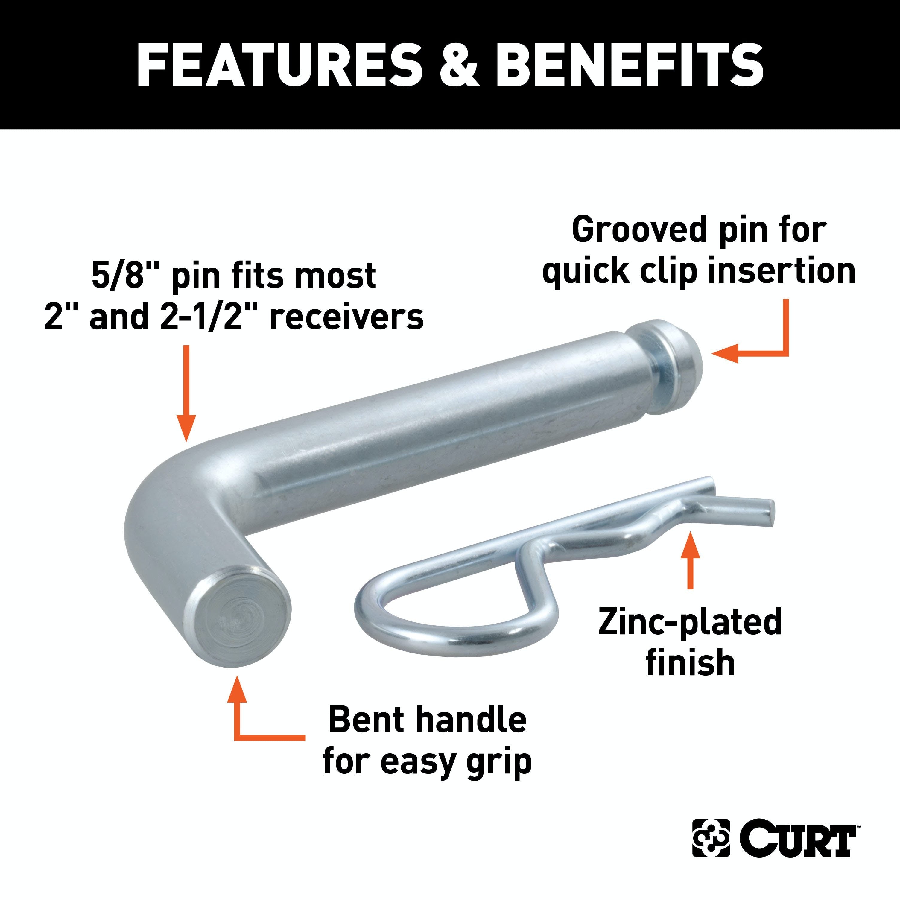 CURT 21582 5/8 Hitch Pin with Groove (2 or 2-1/2 Receiver, Zinc)