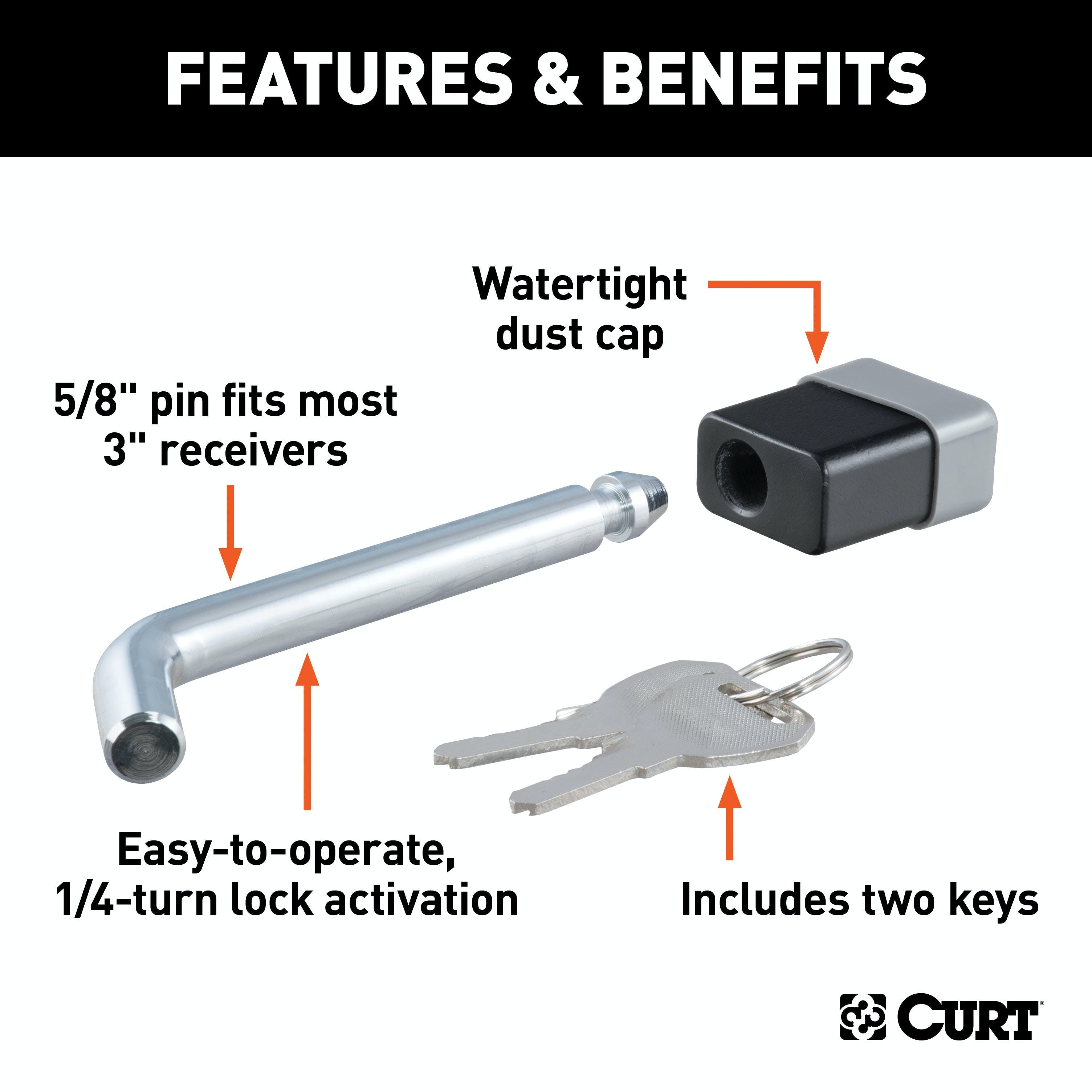 CURT 23021 5/8 Hitch Lock (2, 2-1/2 or 3 Receiver, Deadbolt, Chrome)