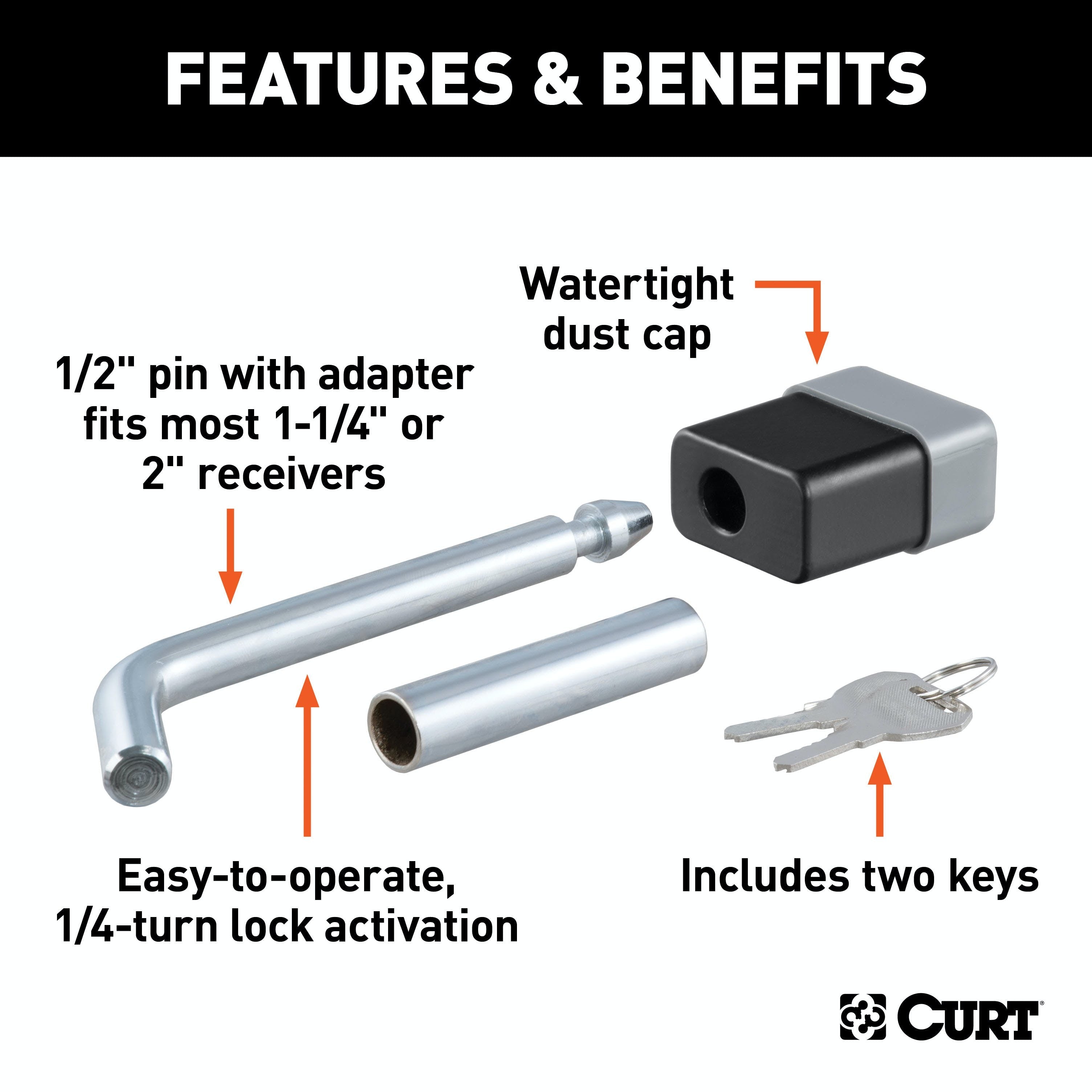 CURT 23024 1/2 Hitch Lock with 5/8 Adapter (1-1/4 or 2 Receiver, Deadbolt, Chrome)