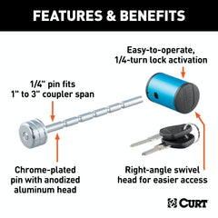 CURT 23503 Coupler Lock (1/4 Pin, 1 to 3 Latch Span, Right-Angle, Chrome)