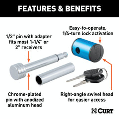 CURT 23506 1/2 Hitch Lock with 5/8 Adapter (1-1/4 or 2 Receiver, Right-Angle, Chrome)