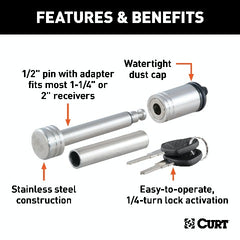 CURT 23517 1/2 Hitch Lock with 5/8 Adapter (1-1/4 or 2 Receiver, Barbell, Stainless)