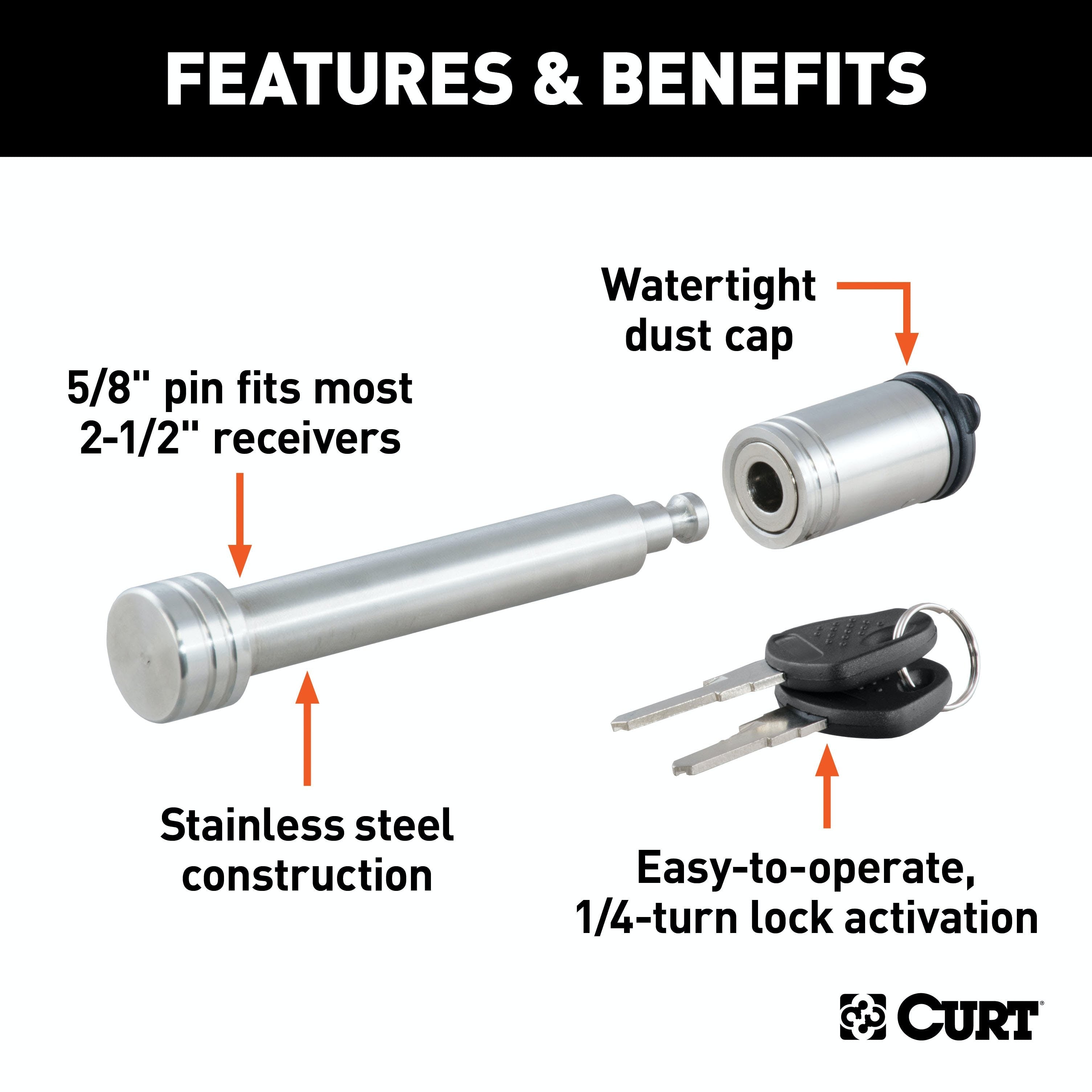 CURT 23519 5/8 Hitch Lock (2 or 2-1/2 Receiver, Barbell, Stainless)