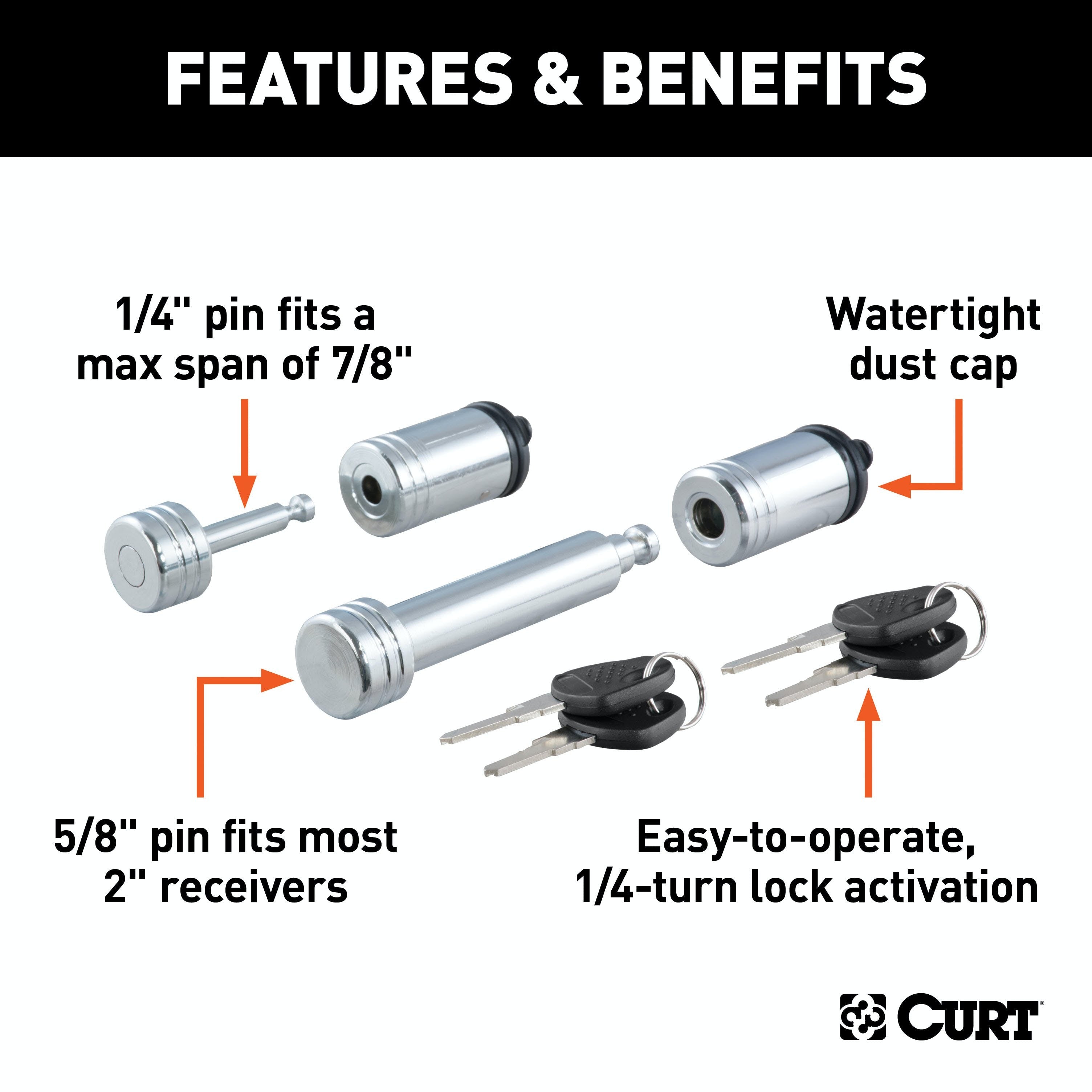 CURT 23526 Hitch and Coupler Lock Set (2 Receiver, 7/8 Latch)