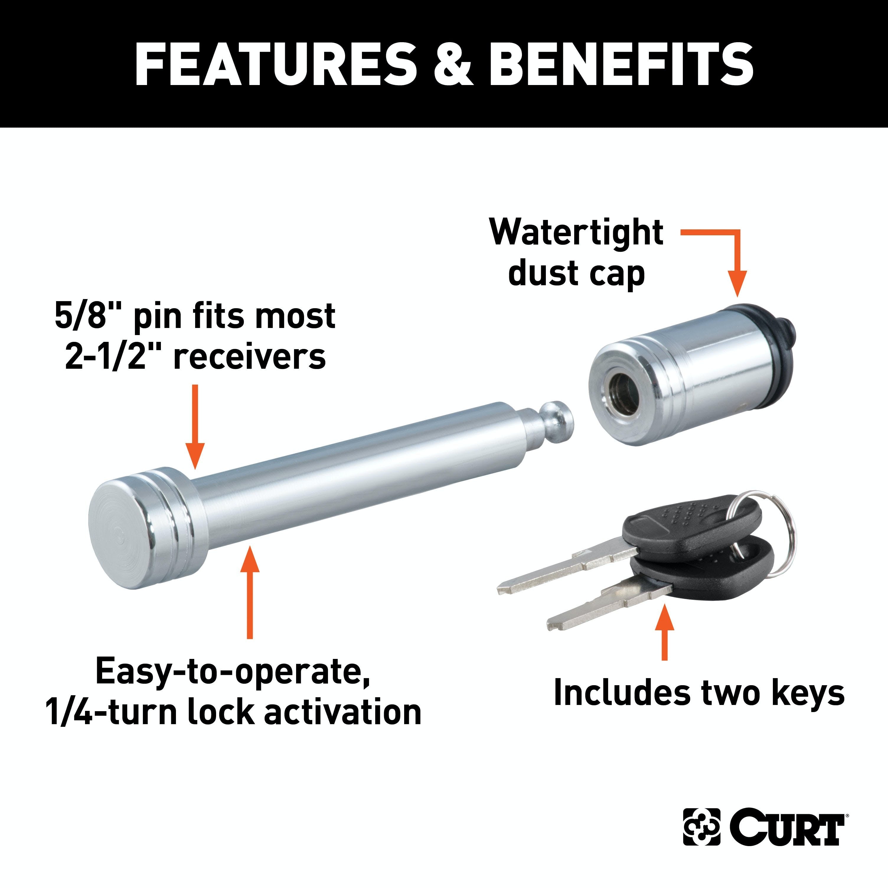 CURT 23528 5/8 Hitch Lock (2 or 2-1/2 Receiver, Barbell, Chrome)