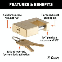 CURT 23546 Coupler Lock (1/4 Pin, 3/4 Latch Span, Padlock, Solid Brass)