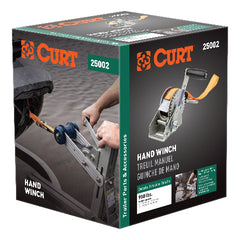 CURT 25002 Hand Crank Winch with 15' Strap & Bow Loop (900 lbs, 6.5" Handle)
