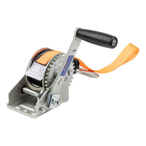 CURT 25002 Hand Crank Winch with 15' Strap & Bow Loop (900 lbs, 6.5" Handle)