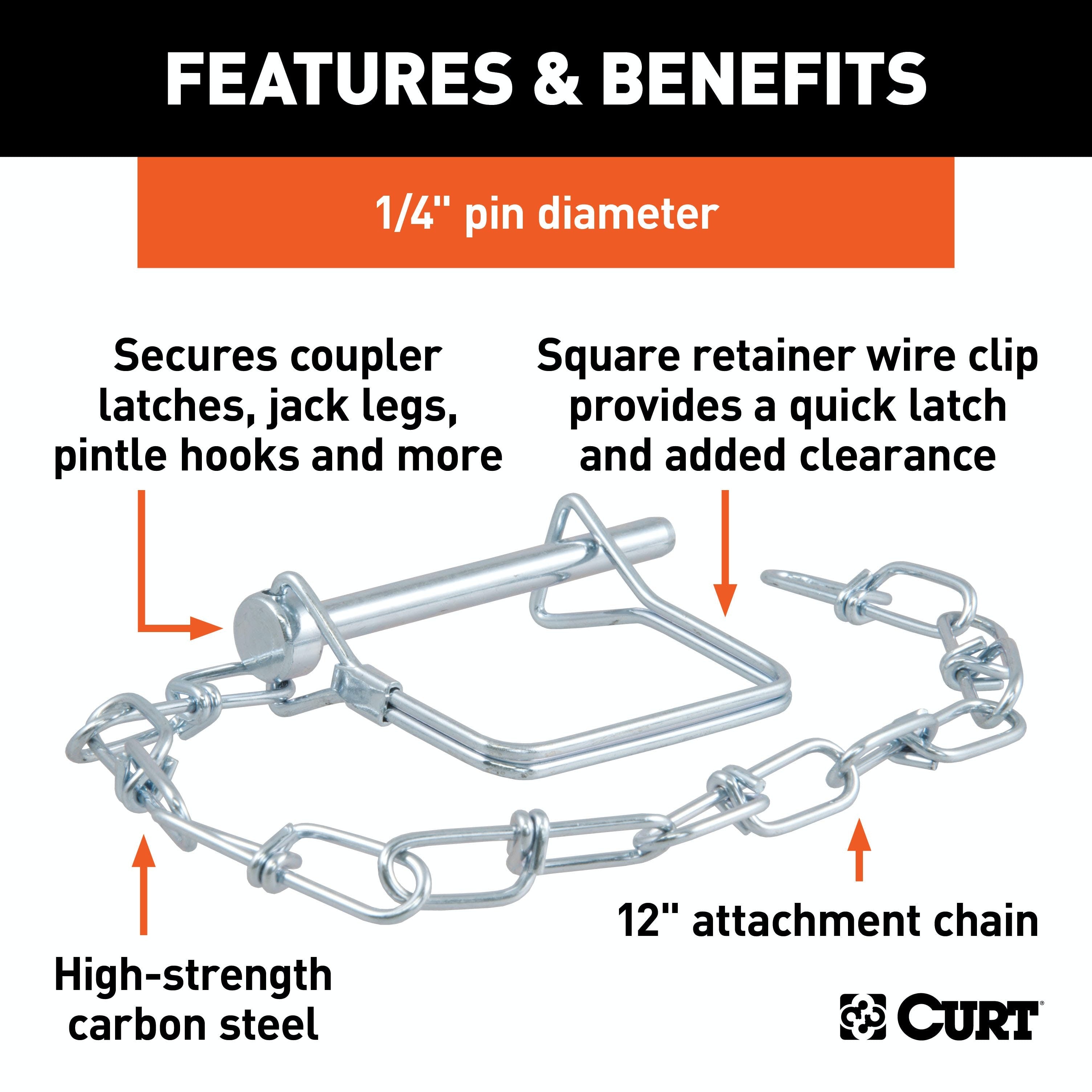 CURT 25013 1/4 Safety Pin with 12 Chain (2-3/4 Pin Length, Packaged)