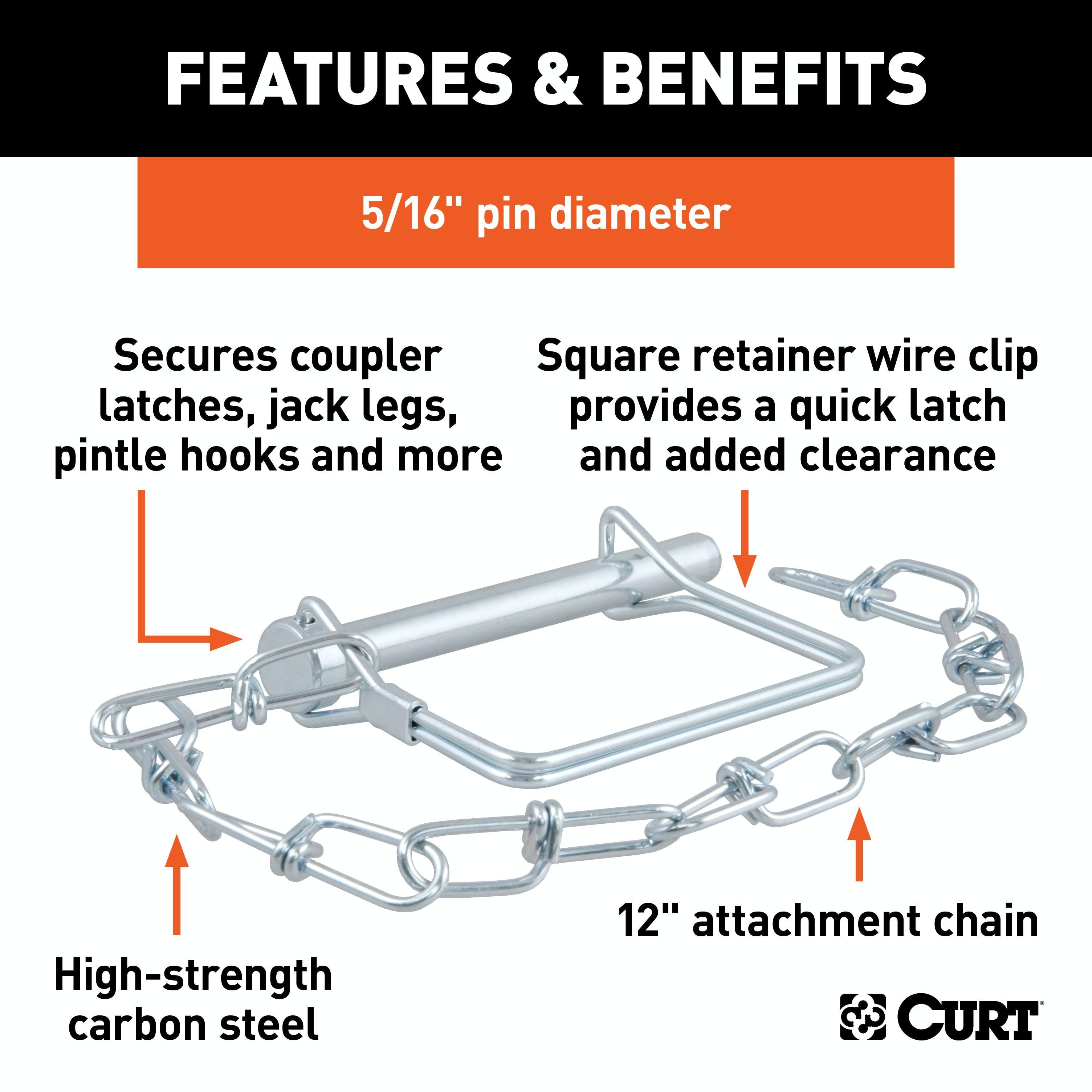 CURT 25034 5/16 Safety Pin with 12 Chain (3 Pin Length)