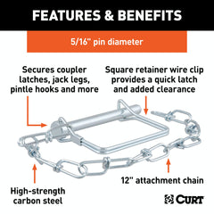 CURT 25035 5/16 Safety Pin with 12 Chain (3 Pin Length, Packaged)