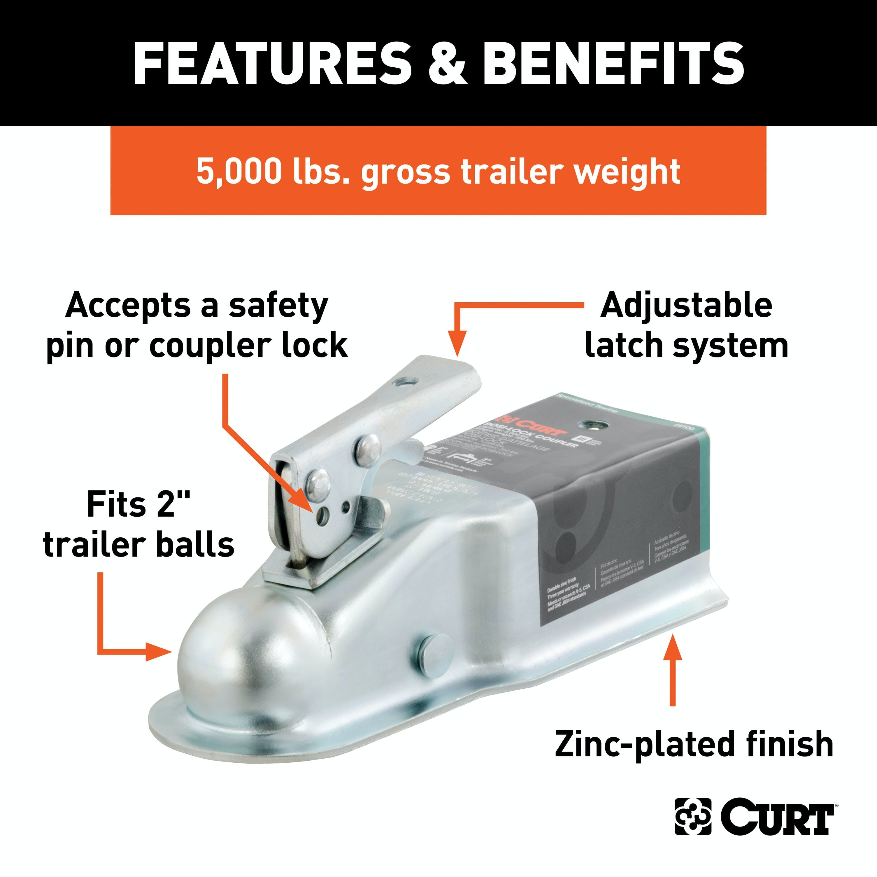 CURT 25100 2 Straight-Tongue Coupler with Posi-Lock (3 Channel, 5,000 lbs, Zinc)