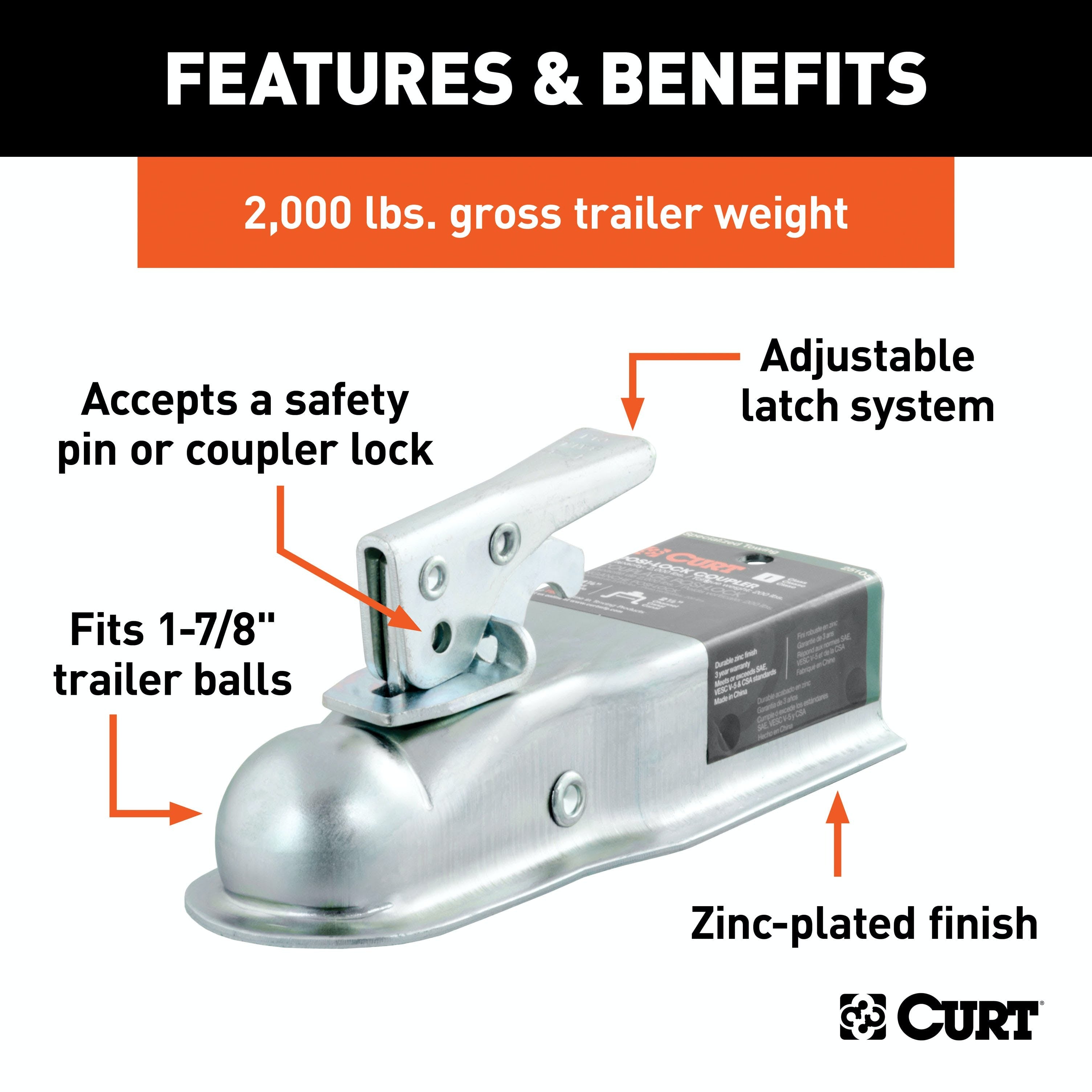 CURT 25105 1-7/8 Straight-Tongue Coupler with Posi-Lock (2-1/2 Channel, 2,000 lbs, Zinc)