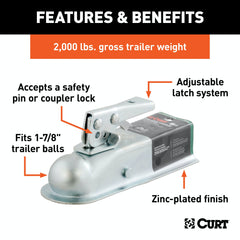 CURT 25128 1-7/8 Straight-Tongue Coupler with Posi-Lock (2 Channel, 2,000 lbs, Zinc)