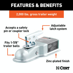 CURT 25131 1-7/8 Straight-Tongue Coupler with Posi-Lock (3 Channel, 2,000 lbs, Zinc)