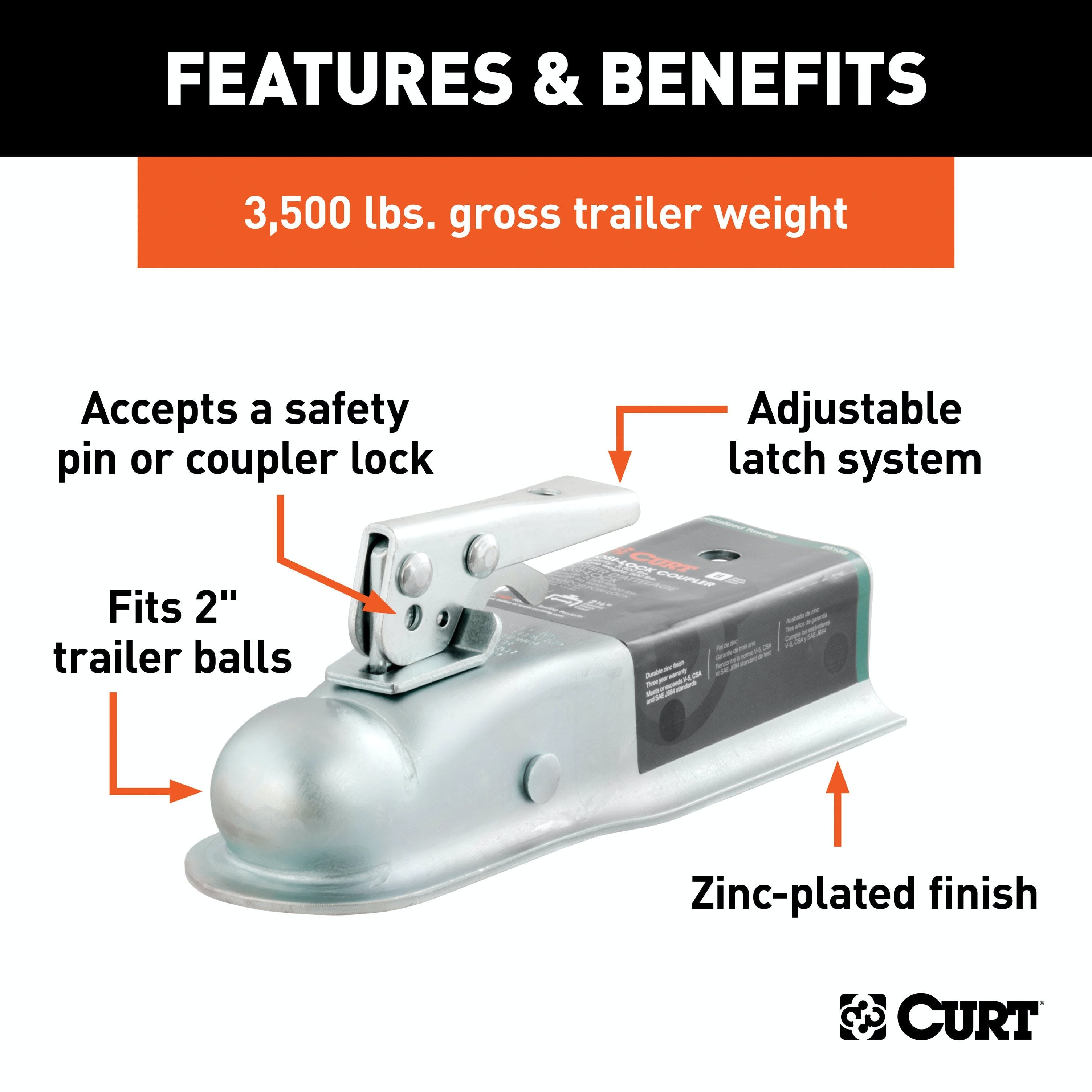 CURT 25135 2 Straight-Tongue Coupler with Posi-Lock (2-1/2 Channel, 3,500 lbs, Zinc)