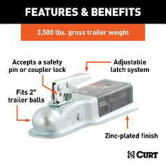 CURT 25138 2 Straight-Tongue Coupler with Posi-Lock (3 Channel, 3,500 lbs, Zinc)