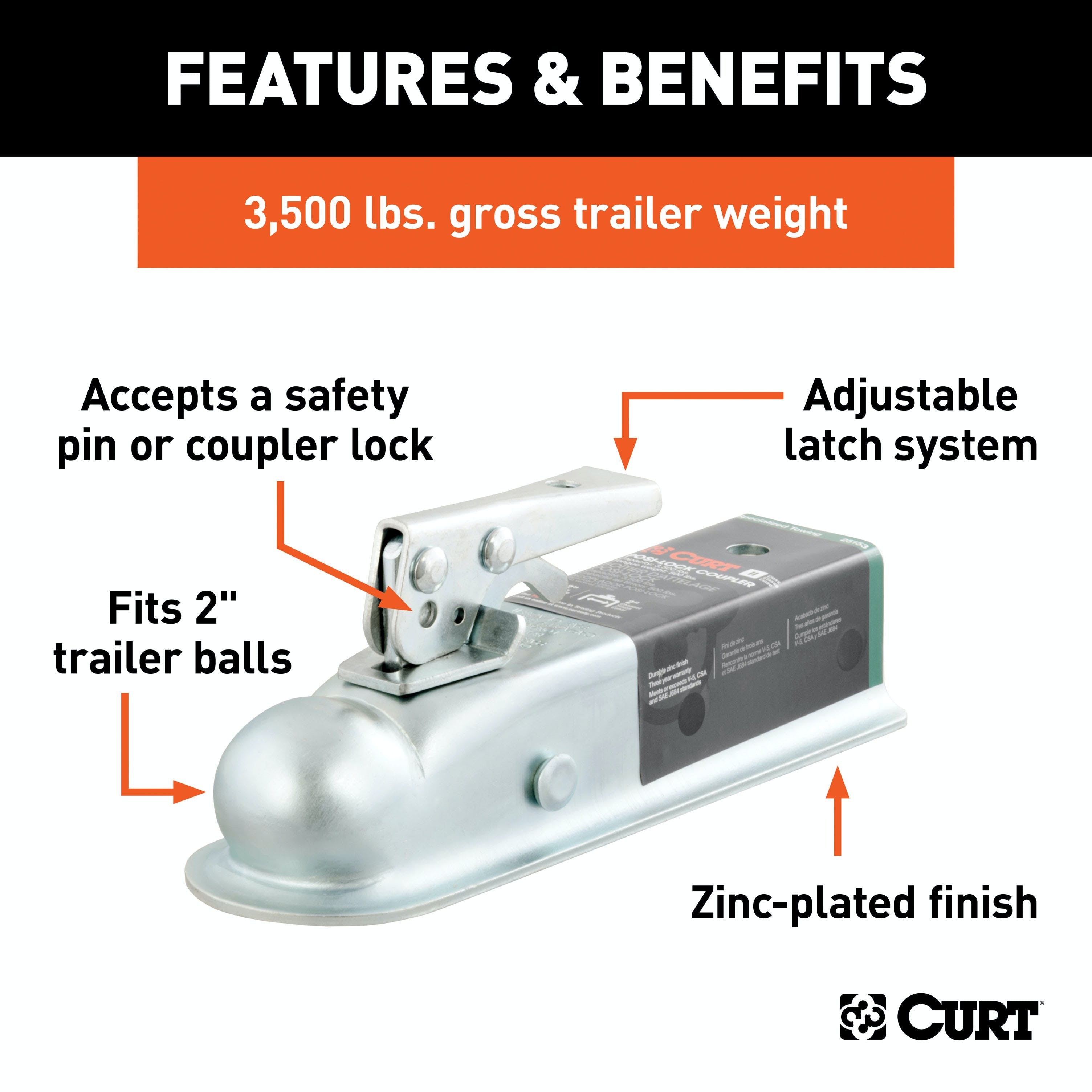 CURT 25153 2 Straight-Tongue Coupler with Posi-Lock (2 Channel, 3,500 lbs, Zinc)