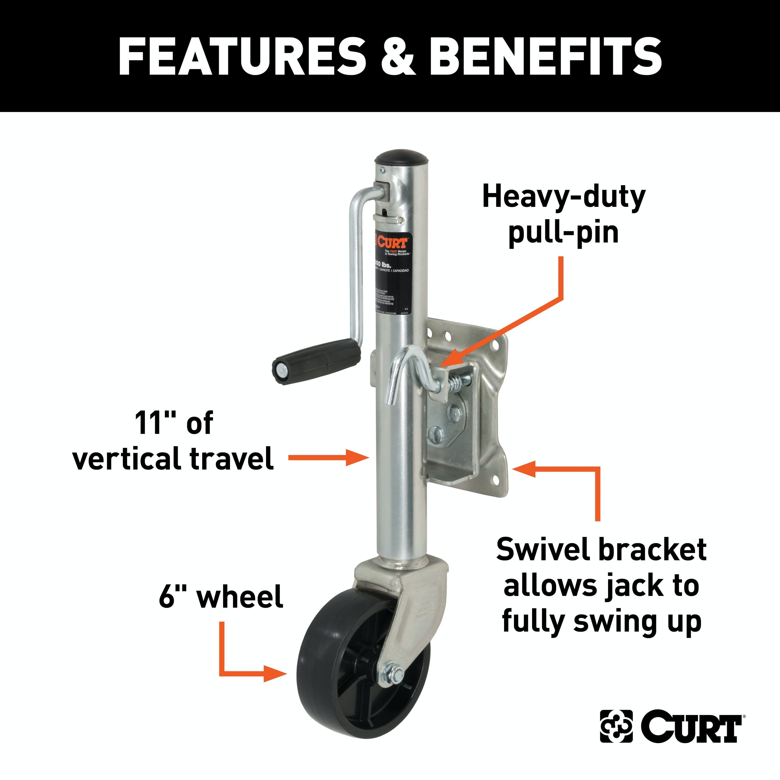 CURT 28112 Marine Jack with 6 Wheel (1,200 lbs, 10 Travel)