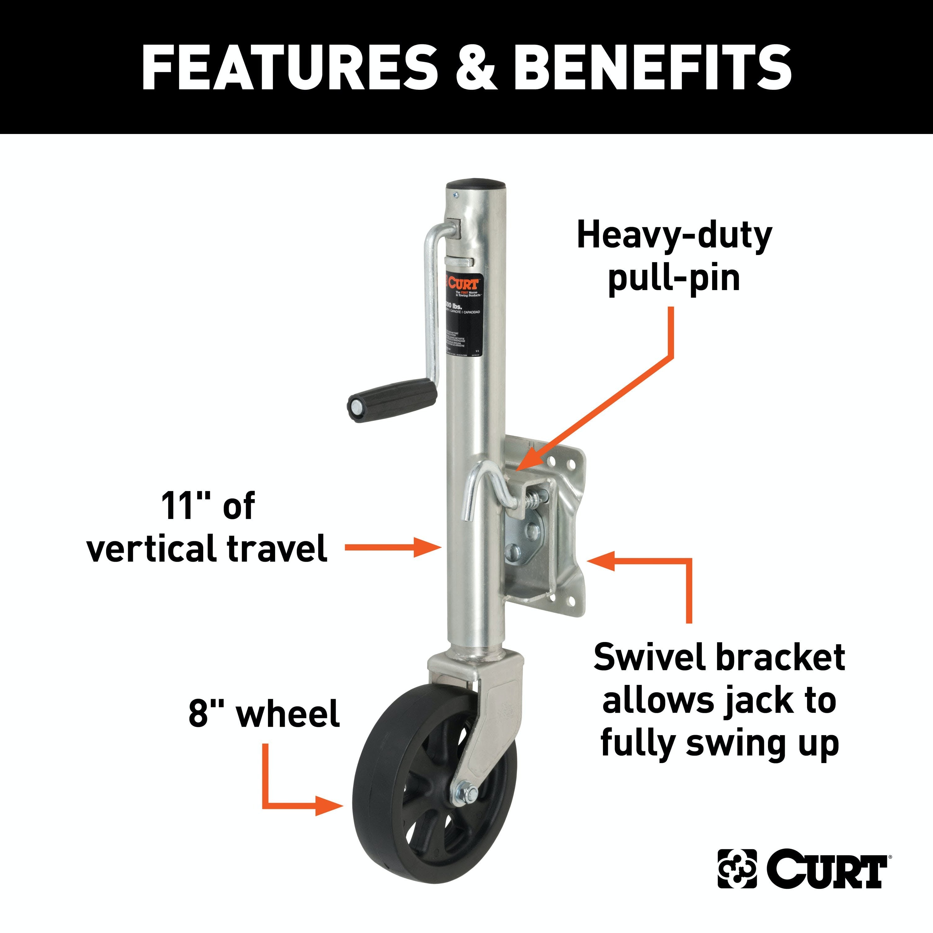 CURT 28115 Marine Jack with 8 Wheel (1,500 lbs, 10 Travel)