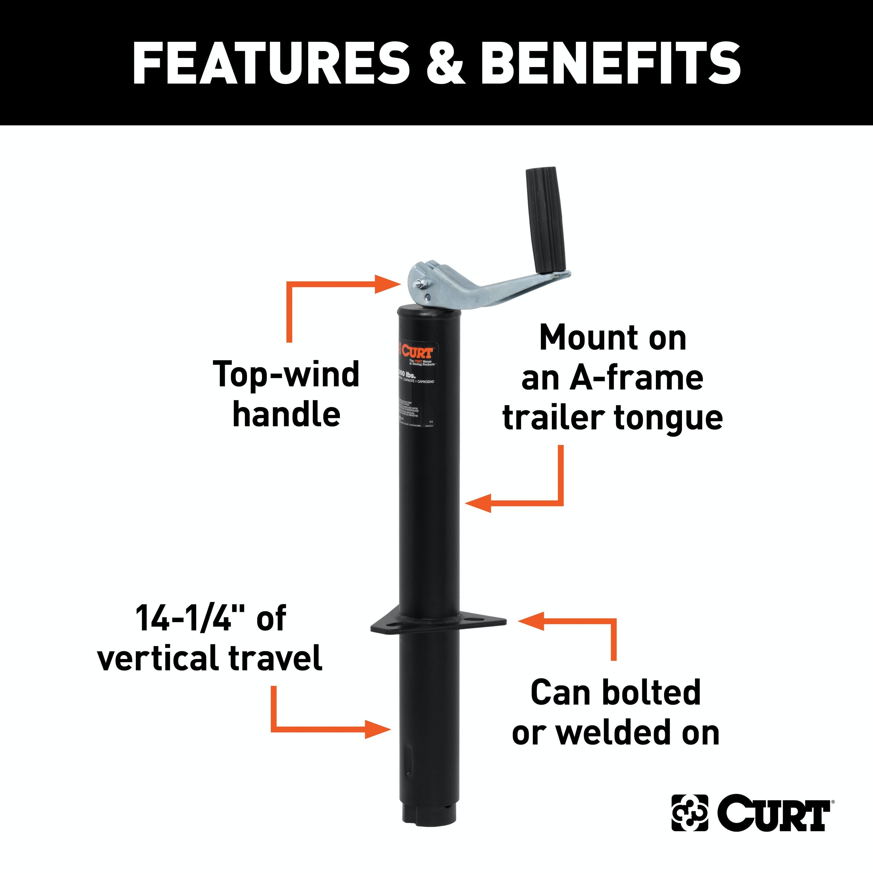 CURT 28200 A-Frame Jack with Top Handle (2,000 lbs, 14 Travel)