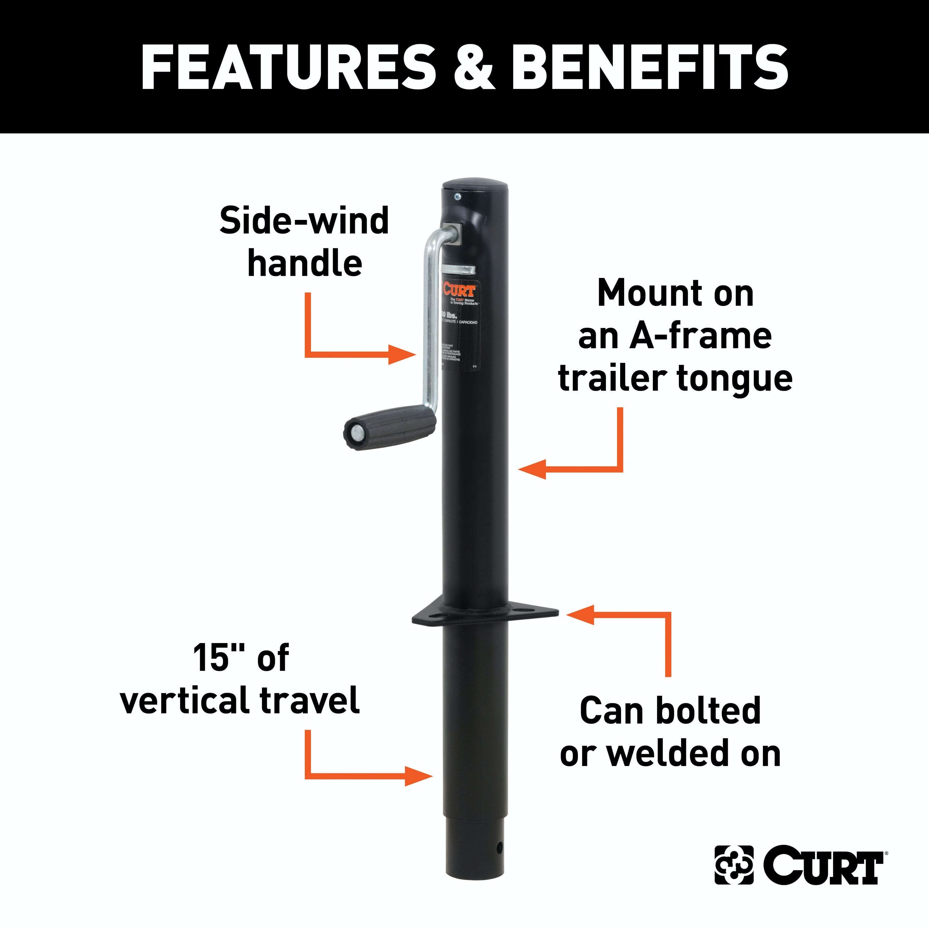 CURT 28204 A-Frame Jack with Side Handle (2,000 lbs, 14-1/2 Travel)