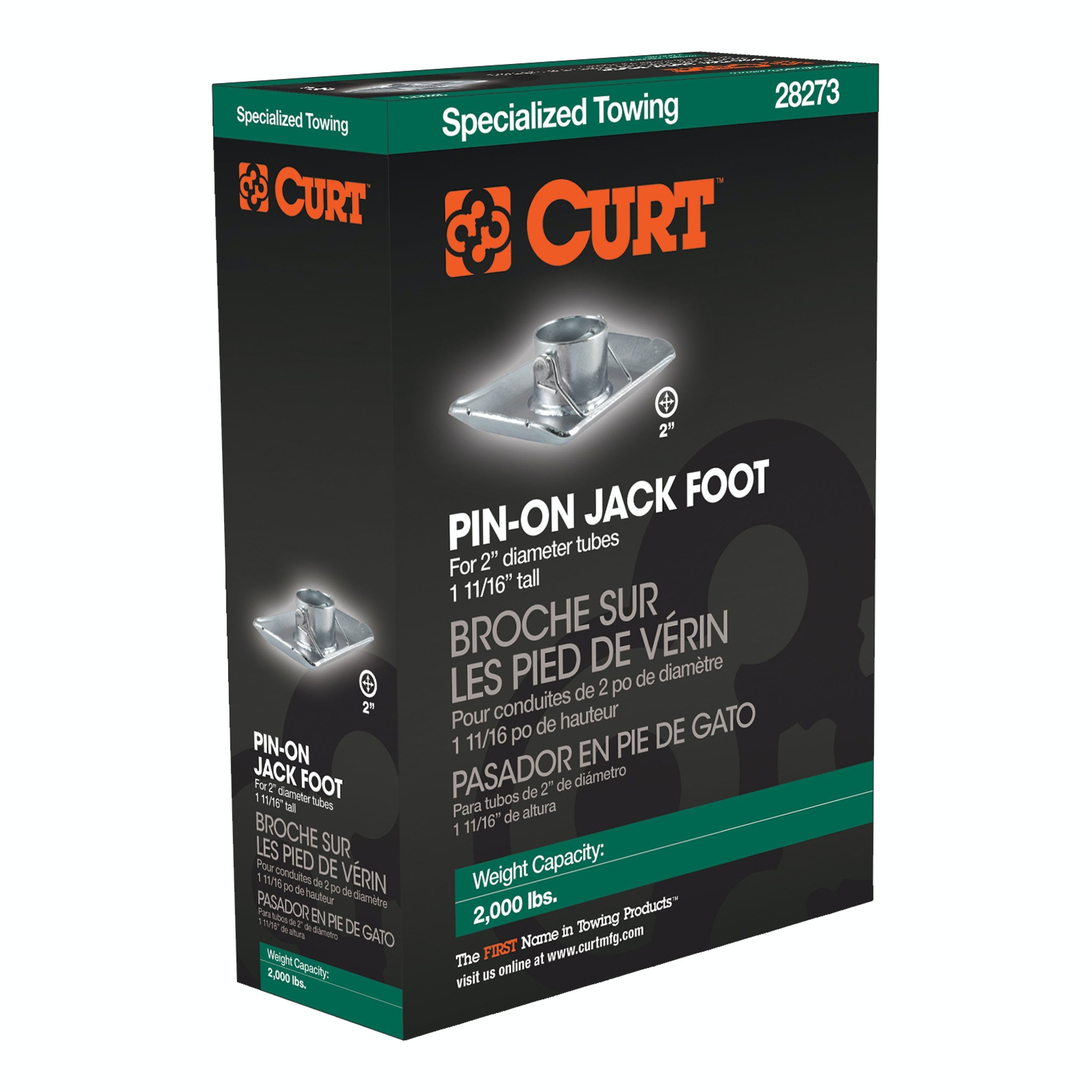 CURT 28273 Pin-On Jack Foot (Fits 2 Tube, 2,000 lbs, 1-11/16 Height, Packaged)