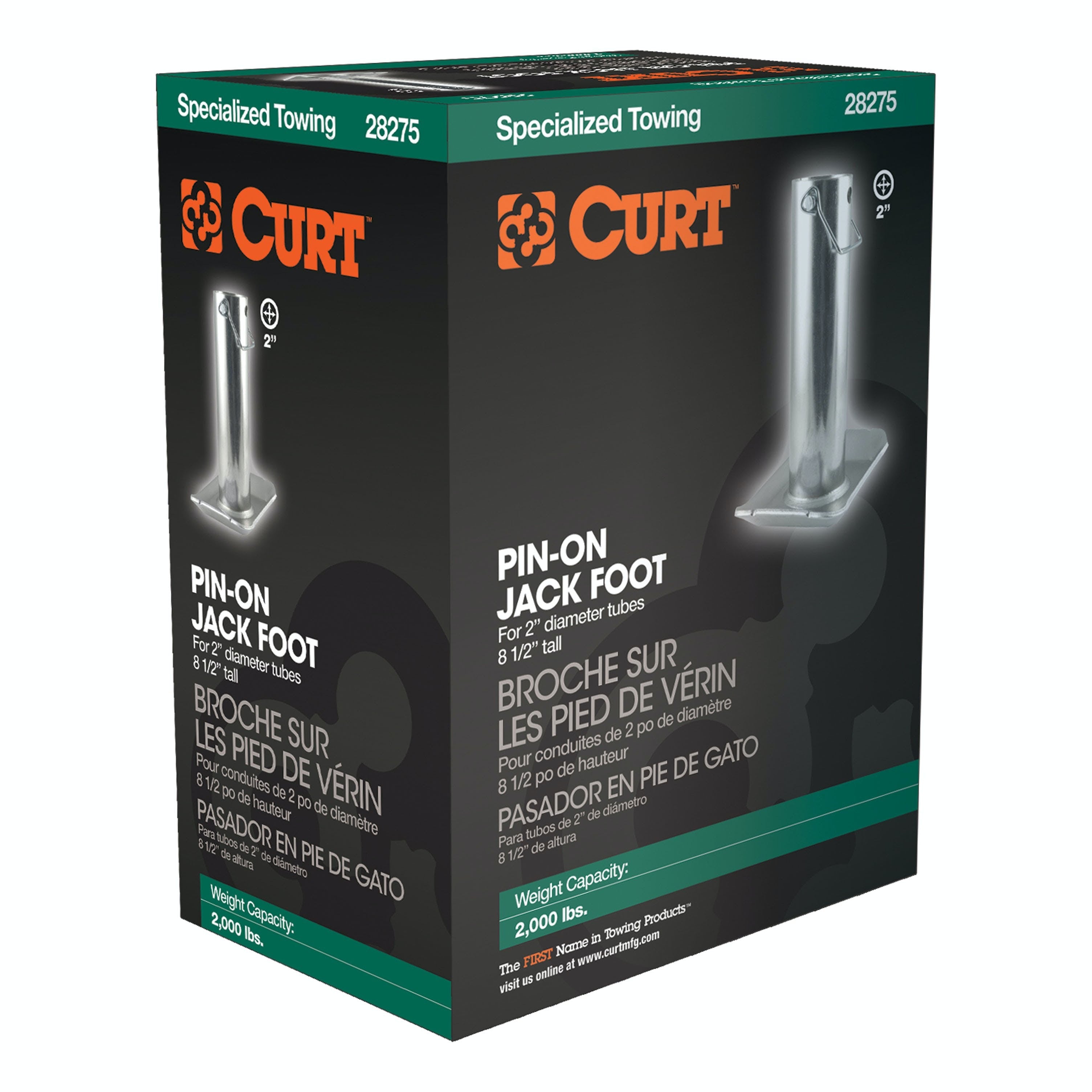 CURT 28275 Pin-On Jack Foot (Fits 2 Tube, 2,000 lbs, 8-1/2 Height, Packaged)