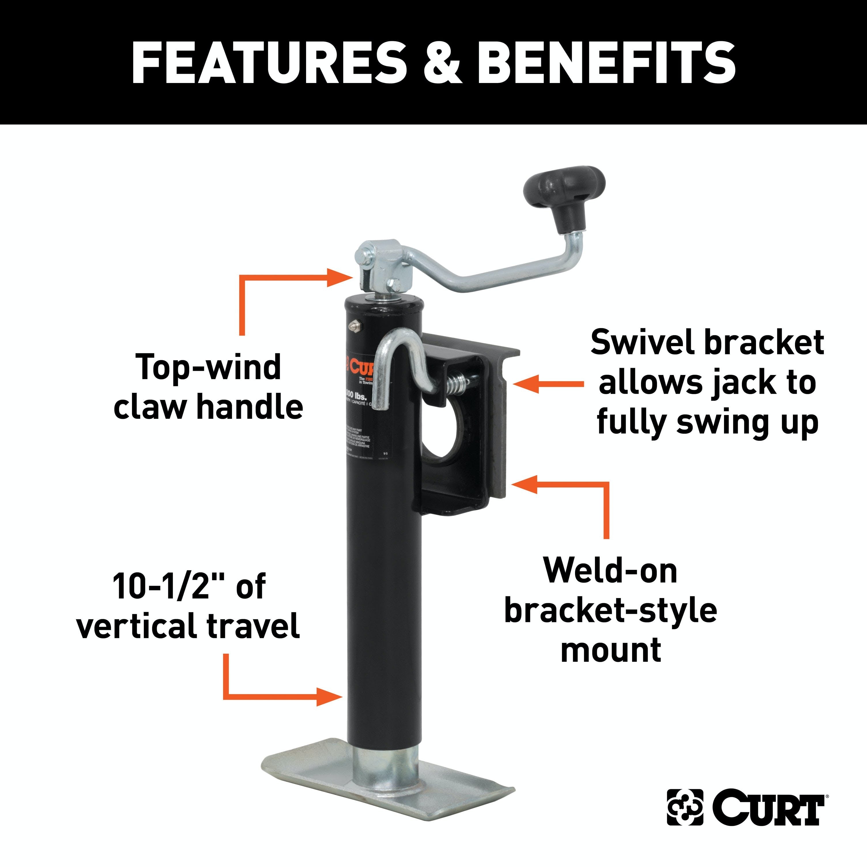 CURT 28300 Bracket-Mount Swivel Jack with Top Handle (2,000 lbs, 10 Travel)