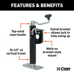 CURT 28300 Bracket-Mount Swivel Jack with Top Handle (2,000 lbs, 10 Travel)